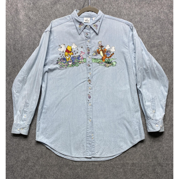Vintage Disney Pooh Tigger Piglet Shirt Womens Large Blue Denim 90s Embroidery - Picture 1 of 10